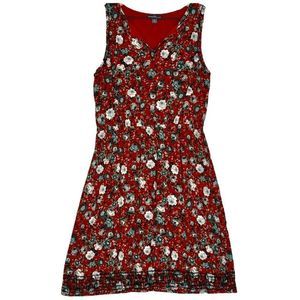 Market & Spruce Floral Gauze Red Embroidered Trim V-Neck Sleeveless Dress Size M